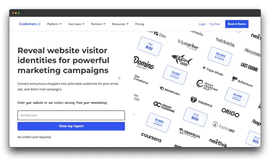Customers.ai" website, promoting website visitor identification for marketing campaigns. While not directly AI chatbots, such tools can be valuable for small businesses using AI chatbots for marketing.