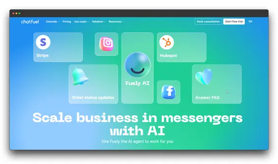 Website screenshot of Chatfuel with the headline "Scale business in messengers with AI." It features a gradient background with various icons and text boxes representing integrations and features, including "Fuely AI.