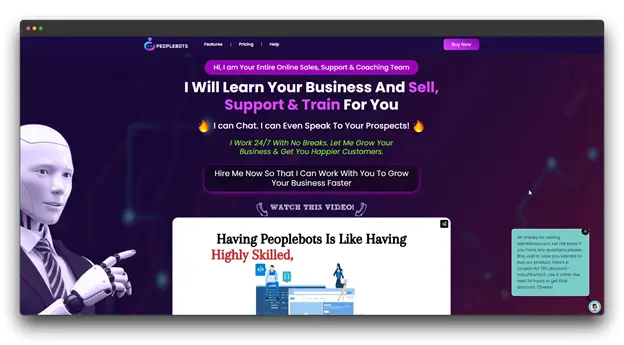 Screenshot of the PeopleBots website showing the AI chat that learns your business and sells, supports and trains for you