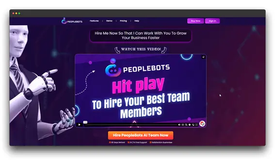 Screenshot of a website called "PeopleBots" featuring a robot and text promoting AI chatbots for hiring.