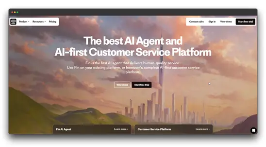 Screenshot of the "Fin AI Agent" website, promoting AI chatbots and customer service platforms for businesses.