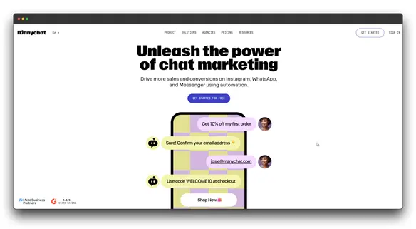 ManyChat website: "Unleash the power of chat marketing." Learn about AI chatbots for driving sales and conversions on social media.g