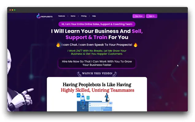 Screenshot of the Peoplebots website, a platform offering AI chatbots for sales, support, and coaching. The headline reads, "Hi, I am Your Entire Online Sales, Support & Coaching Team." The page highlights features like 24/7 availability and personalized learning. Promotes itself as a leading website chatbot solution.