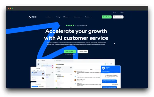 Screenshot of the Tidio website, promoting AI chatbots for customer service and business growth.